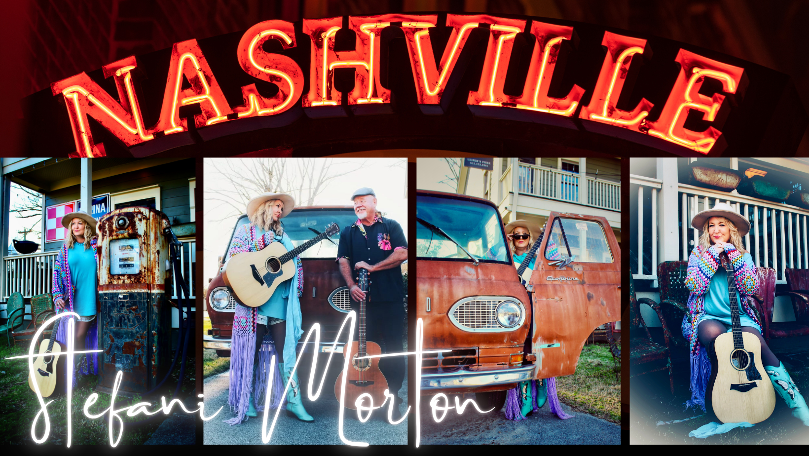 Photos of Stefani Morton in front of old vehicles Nashvill sign